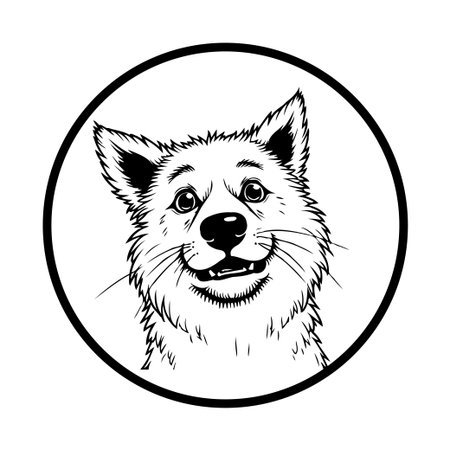 A charming illustration of a happy dog within a circle, perfect for designs needing a playful, friendly, and cute animal element. Ideal for pet-related branding and graphics.のイラスト素材