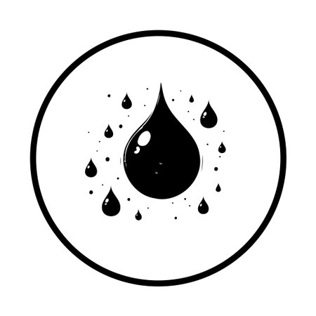 This minimalist black and white illustration features a water droplet surrounded by smaller drops, enclosed in a circle, representing purity and fluidity.のイラスト素材