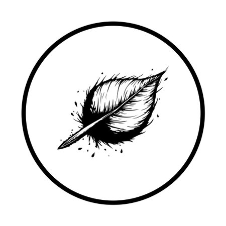 An elegant feather illustration within a circle represents creativity, writing, and design. Black and white drawing suitable for logos or artistic themes.のイラスト素材