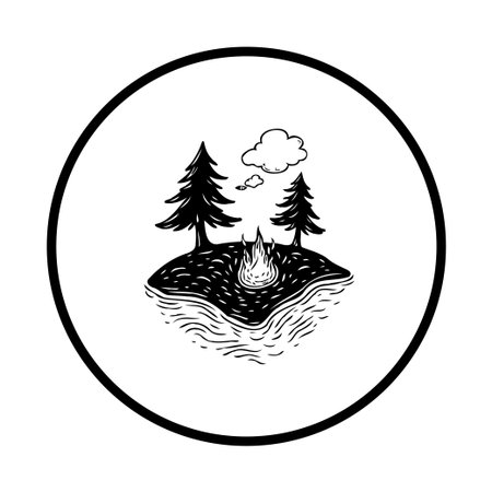 A minimalist illustration depicts a peaceful forest landscape. Two trees stand beside a small fire, with a cloud floating above and water surrounding the land.のイラスト素材