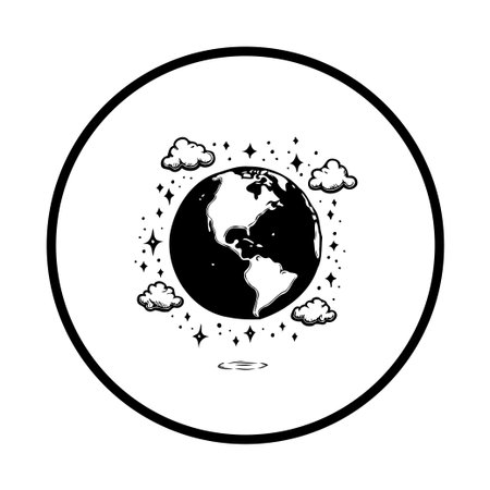 A minimalist black and white illustration of the Earth surrounded by clouds and stars, evoking a sense of wonder and environmental consciousness.のイラスト素材