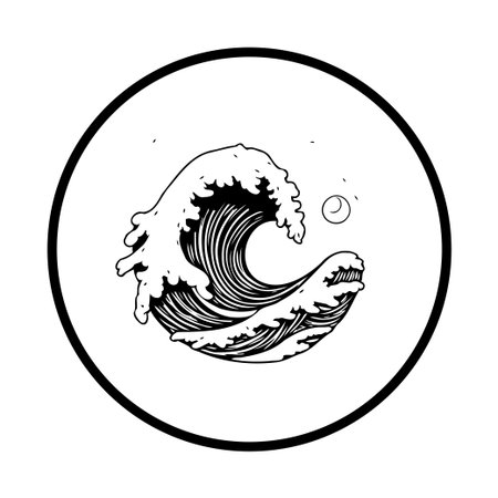 A black and white stylized drawing of a crashing ocean wave within a circle. The illustration captures the energy and movement of water in a minimalist and artistic style.のイラスト素材