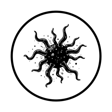 An elegant black and white illustration of a stylized sun, ideal for graphic design projects needing a modern, artistic touch.のイラスト素材