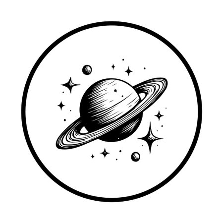A black and white illustration of Saturn with rings and surrounding stars. The design features a minimalist aesthetic with a celestial theme.のイラスト素材