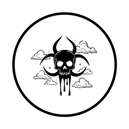 Biohazard symbol featuring a skull and clouds, conveying a sense of danger and toxicity. Graphic for use in illustrations, designs, and symbols related to warnings.のイラスト素材