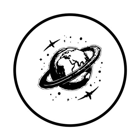 An artistic monochrome illustration of the Earth with planetary rings and flying birds, creating a space-themed design. The image is encircled in a round frame, perfect for graphic design.のイラスト素材