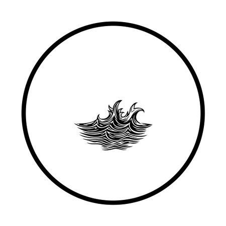 A minimalist black and white design features stylized water waves enclosed within a perfect circle, creating a harmonious and elegant artwork symbolizing tranquility and simplicity.のイラスト素材