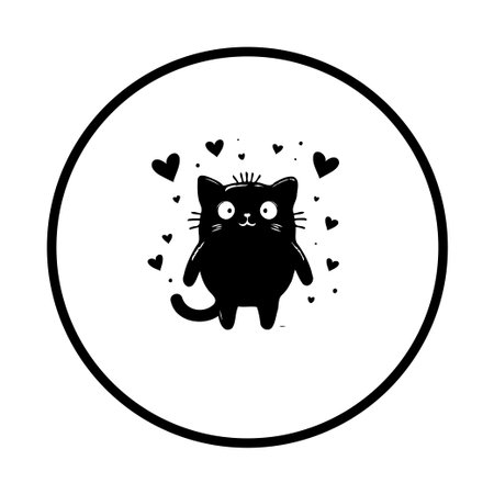 Charming illustration of a cute black cat surrounded by floating hearts. A delightful and whimsical design perfect for various creative projects, evoking a sense of love.のイラスト素材