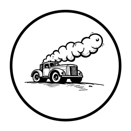 A vintage truck emitting smoke in a cartoon style, highlighting environmental concerns. The illustration depicts an antique vehicle and its impact on air quality.のイラスト素材