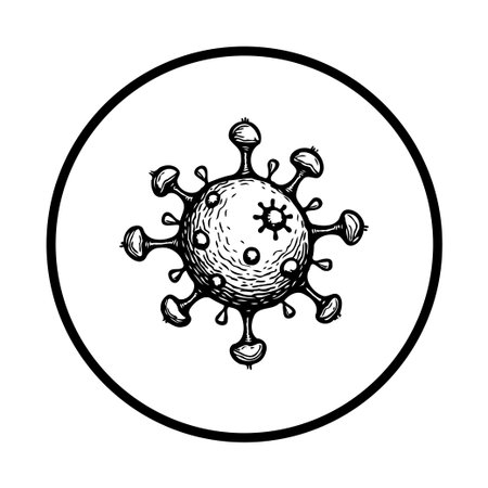 A hand-drawn illustration of a coronavirus cell within a circle, symbolizing the current global pandemic and the microscopic nature of infectious diseases.のイラスト素材