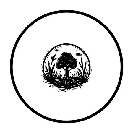 A monochrome illustration shows a tree with exposed roots surrounded by grass and clouds, all encased within a circle, representing nature's serene beauty.のイラスト素材