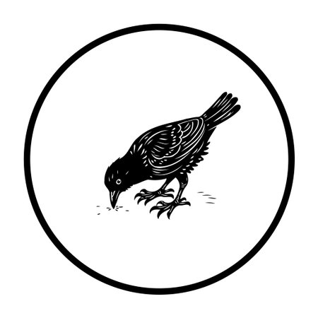 A minimalist black and white illustration depicts a raven within a circle. This elegant graphic is perfect for nature lovers and art enthusiasts.のイラスト素材