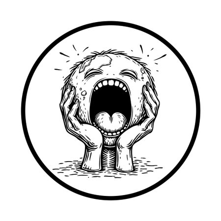 A monochromatic illustration depicts a sphere with a human-like face, expressing extreme anguish and despair, its mouth agape in a scream, and hands clawing at its head. The design conveys intense emotional turmoil.のイラスト素材