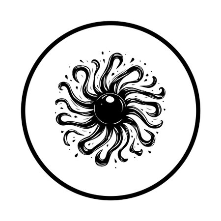 An abstract monochrome illustration features a stylized eye or sun with swirling tentacles. The design is isolated against a white background creating a visually striking image.のイラスト素材