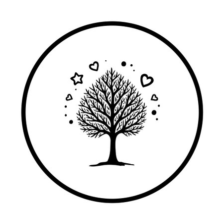 A minimalist monochrome illustration of a tree with hearts and stars, encircled in a frame. The design evokes nature and love, a simple yet elegant image.のイラスト素材