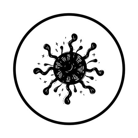 Detailed hand-drawn illustration of a virus pathogen cell, enclosed within a dark circular frame. This image is perfect for use in medical, scientific, or public health contexts.のイラスト素材