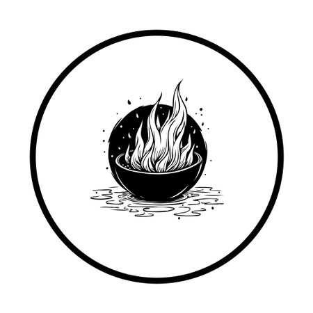 A captivating black and white illustration features a flaming bowl set against a circular backdrop. Evokes themes of ritual, magic, and spiritual practices.のイラスト素材