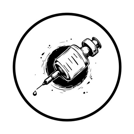 Black and white illustration showcasing a syringe with intricate detail, symbolizing medical procedures and vaccination in healthcare.のイラスト素材