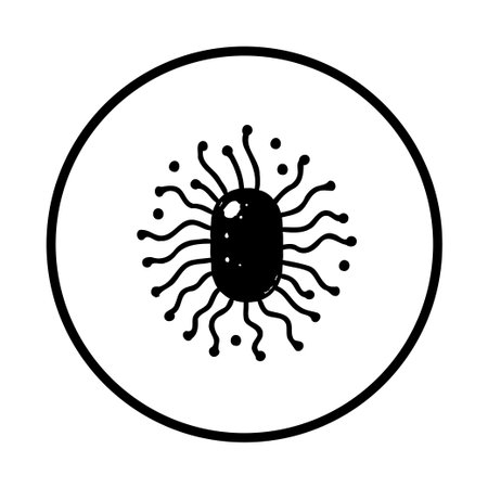 A hand-drawn illustration depicts a microscopic organism with flagella, enclosed in a circle. Symbolizing scientific and medical concepts, ideal for research.のイラスト素材