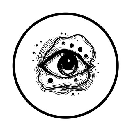 A stylized drawing of an eye, surrounded by abstract shapes and dots, within a black circle, creating a mystical and symbolic artwork.のイラスト素材