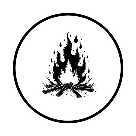 Minimalist black and white illustration of a bonfire in a circle. The image features a stylized fire burning atop a pile of logs, conveying a sense of warmth and outdoor adventure.のイラスト素材