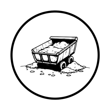 A hand-drawn illustration features a toy dump truck filled with sand, rendered in a charming cartoon style. The black and white sketch is perfect for children's designs.のイラスト素材