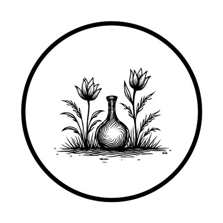 An elegant black and white illustration featuring a stylized vase with botanical floral elements inside a circle. Perfect for vintage design or branding purposes, evoking a sense of refined aesthetics.のイラスト素材
