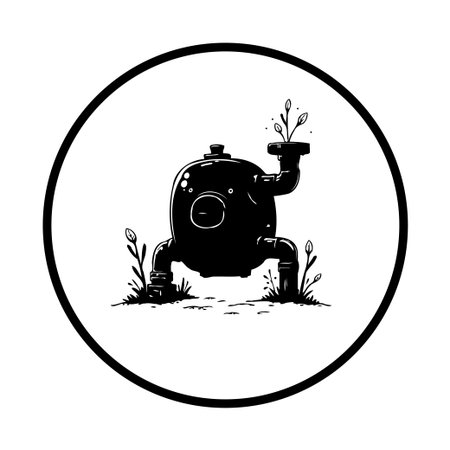 A whimsical black and white illustration shows a quirky robot with plants sprouting from its structure, symbolizing nature reclaiming technology in an imaginative and creative design.のイラスト素材