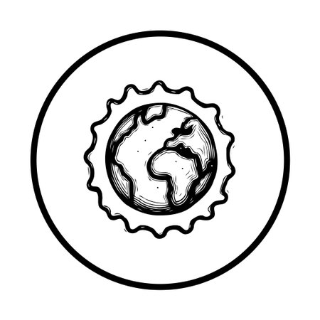 A stylized earth icon surrounded by a scalloped circle. It represents climate change, ecological awareness, and environmental issues, suitable for iconsのイラスト素材