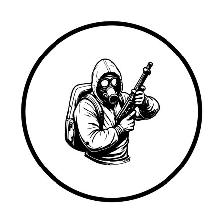 The black and white illustration features a person wearing a gas mask and protective suit while holding a weapon, embodying themes of danger and preparedness.のイラスト素材