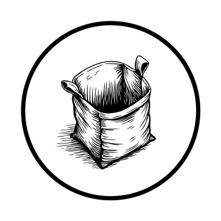 This is a black and white illustration of an empty fabric bag with a distinctive texture. The bag is isolated on a white background.のイラスト素材