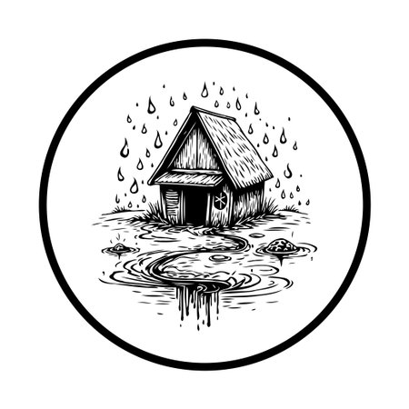 A monochrome illustration showcases a small house situated in a puddle, surrounded by falling rain, creating an atmosphere of isolation and depicting the tranquility of a rainy day.のイラスト素材