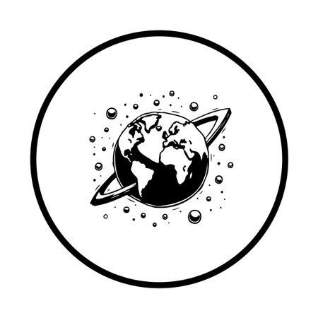 This striking black and white drawing depicts planet Earth with an encircling ring, surrounded by various sized bubbles and dots, creating a cosmic and abstract effect.のイラスト素材