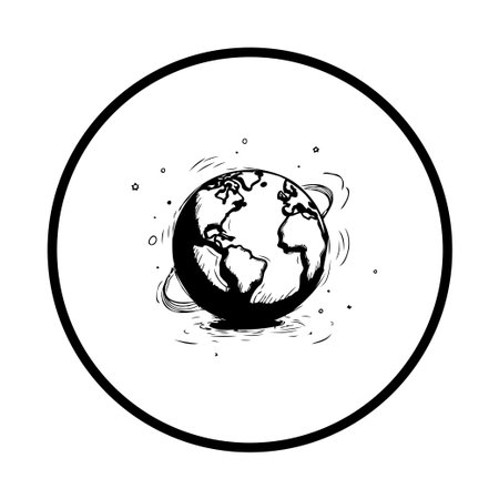 A hand-drawn style monochrome illustration of the Earth inside a circle, symbolizing global connectivity and environmental awareness. It features continents, oceans, and a simple yet artistic design.のイラスト素材