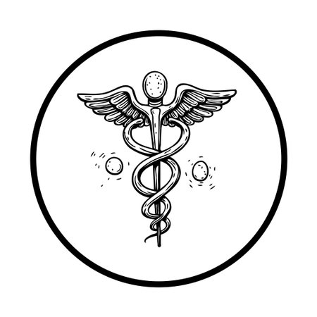 A black and white illustration features the caduceus symbol encircled. The design is minimalistic, conveying concepts like medicine, health, and healing.のイラスト素材
