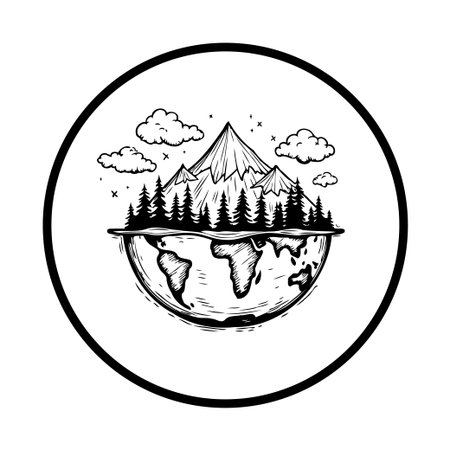 A black and white vector drawing of the earth featuring a landscape with mountains and trees. The design is framed inside a circle, ideal for travel or environment themes.のイラスト素材