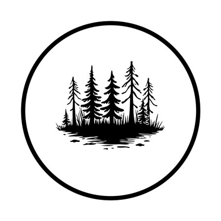 A captivating minimalist design of a forest silhouette within a circle, evokes tranquility and connection to nature. The monochrome illustration celebrates the beauty of evergreen trees.のイラスト素材