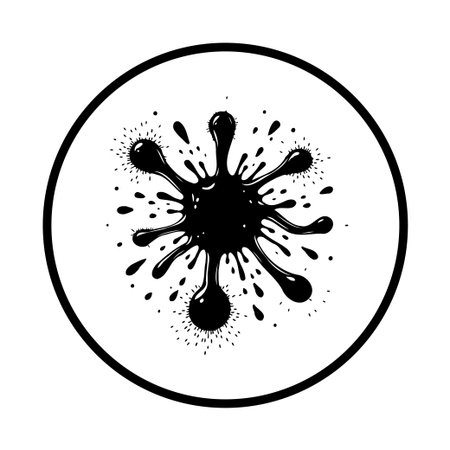 This abstract image features a bold black ink splash within a circular frame. Its graphic style lends itself to a variety of uses from artistic projects to decorative elements.のイラスト素材