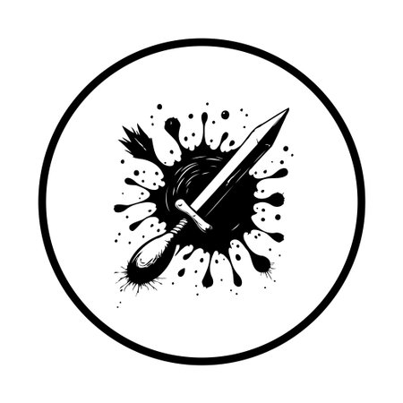 A graphic illustration features a sword crossing a splatter of black paint, presented within a circle. The image combines elements of weaponry and artistry.のイラスト素材