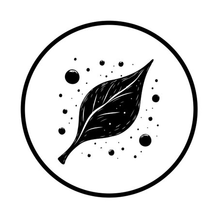 A minimalist black and white illustration depicts a leaf surrounded by bubbles within a circle frame. It represents nature, organic elements, and clean design.のイラスト素材