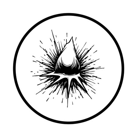 Abstract vector illustration of a water droplet impacting a surface, creating a dynamic splash effect. The black and white design is contained within a circle.のイラスト素材