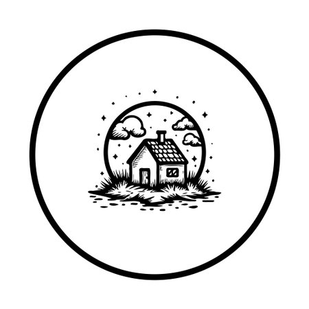 A black and white illustration depicts a cozy house nestled in a serene landscape with clouds and stars, enclosed within a circle. It's a dreamy, minimalist design.のイラスト素材