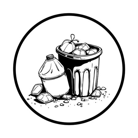 A black and white vector illustration shows a trash can overflowing with litter, beside a bottle and some trash, symbolizing waste, pollution, and the need for recycling.のイラスト素材