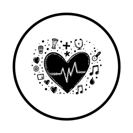 A simple hand-drawn vector illustration showcasing a heart shape surrounded by various health and wellness icons. Depicts a balanced and healthy lifestyle.のイラスト素材