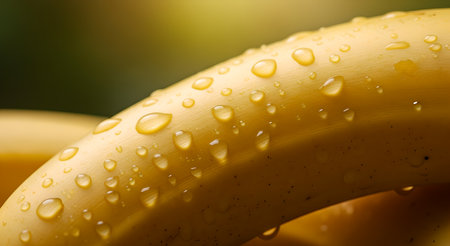 A close-up shot of a fresh banana covered with water droplets, showcasing its vibrant yellow peel and highlighting its ripeness and nutritional benefits.の素材