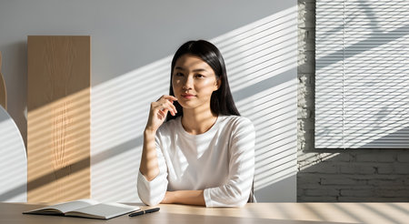 Portrait of a young Asian woman sitting at her desk, bathed in sunlight. She appears thoughtful and contemplative, possibly working on a creative project or studying.の素材