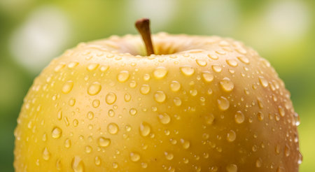 A closeup shot of a fresh golden apple covered in water droplets. The image highlights the fruit's natural beauty and its appeal as a healthy and delicious snack.の素材