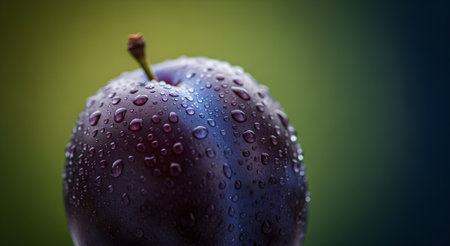 Macro photo showcases a plum with water droplets emphasizing its freshness and texture. The image highlights the fruit's vibrant color and appealing details, a delicious and healthy treat.の素材