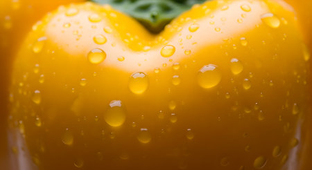 A close up shot of a yellow bell pepper covered in water droplets, showcasing its fresh and healthy qualities. The vibrant color and glistening water capture its appeal.の素材