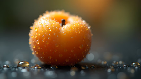 A vibrant close-up of a fresh apricot adorned with glistening water droplets, highlighting its natural beauty and freshness. The macro shot captures the intricate details and textures of the fruit.の素材